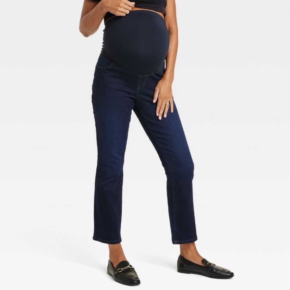 NWT Ingrid & Isabel Dark Wash Bootcut Crop Full Panel Maternity Jeans, Sz 4